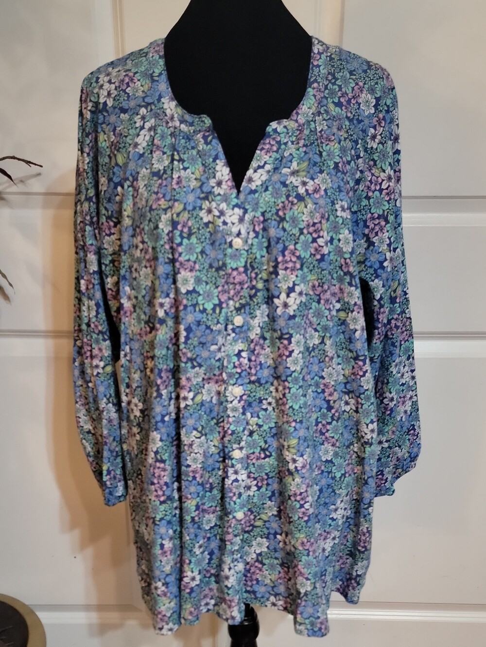 St. John's Bay Blue Floral Henley Tunic with Green & Purple Accents